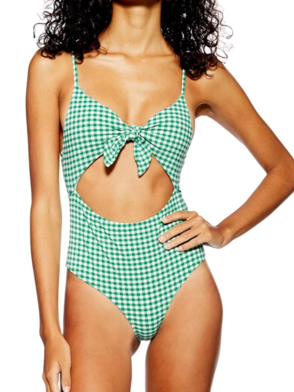 Topshop Gingham Cutout One-Piece Swimsuit Green/White Size 4